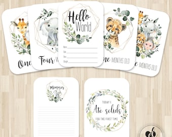 Safari Animal Baby Milestone Cards, Watercolor Wreath, Baby Firsts