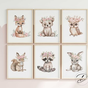 Set of 6 Woodland Nursery wall art prints, Printable wall art, Nursery decor, Baby animal prints, baby room decor, Pink floral art, Forest