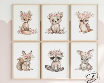 Woodland Animal Nursery Prints, Pink Flower Crown, Set of 6 (Digital Download)