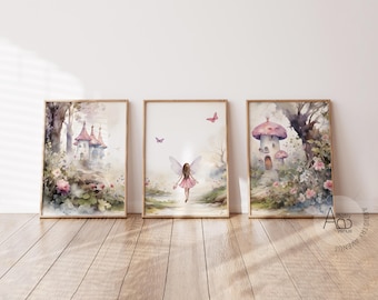 Set of 3 Fairy Wildflower Girls room Prints, Fairy Nursery, Boho Nursery decor, Fairy themed room, Fairytale Garden Prints, Fairy Village