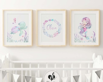 Mermaid and Sea Turtle Nursery Prints, Custom Name, Ocean Theme