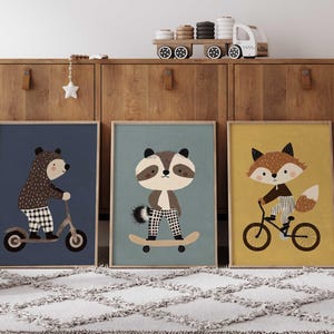 Cool Woodland animals Wall art, Bear on Scooter, Raccoon on Skateboard, Fox on bike, Playroom decor, kids room wall art, Playful Nursery art