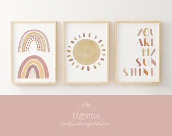 Rainbow Nursery Prints, Boho Sunshine Wall Art Set