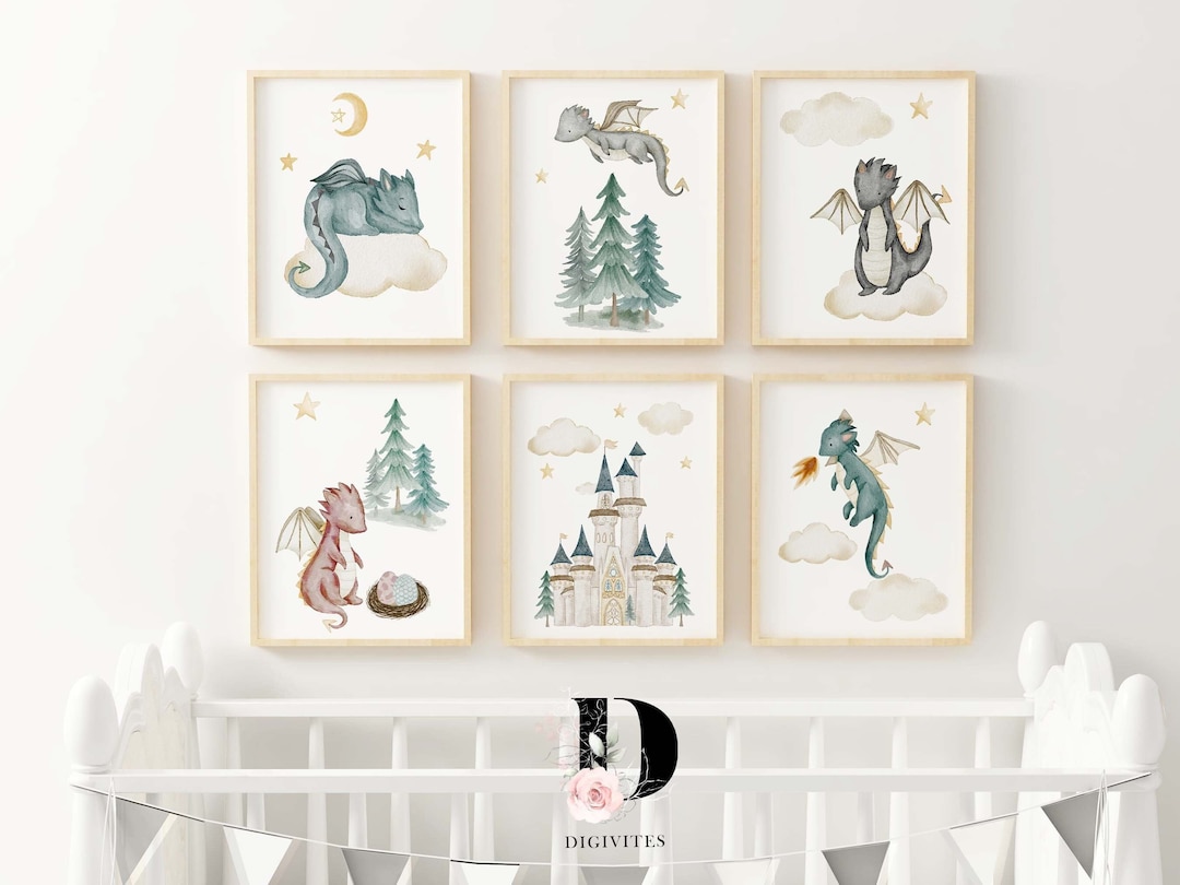 Set of 6 Baby Dragon Nursery Prints, Nursery Printable Art, Nursery ...
