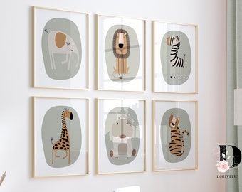 Safari Animal Nursery Prints, Sage Green Boho Decor (Set of 6) (Digital Download)