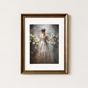Romantic Woman Digital Art, Vintage Lady in White Dress Print, Elegant Rose Garden Wall Art, Digital Download Painting, Vintage Art prints