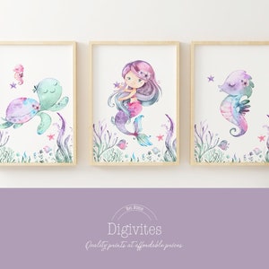 Downloadable prints, Mermaid nursery wall art, Mermaid prints, Nursery wall art, Nursery prints, Under the sea, sea turtle, seahorse