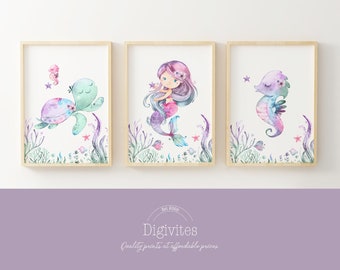 Downloadable prints, Mermaid nursery wall art, Mermaid prints, Nursery wall art, Nursery prints, Under the sea, sea turtle, seahorse