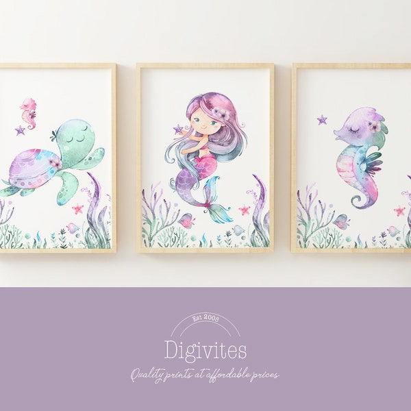 Downloadable prints, Mermaid nursery wall art, Mermaid prints, Nursery wall art, Nursery prints, Under the sea, sea turtle, seahorse