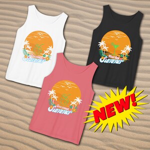 May include: Three tank tops with a sunset graphic and the text "Coconut Summer", "Martini Summer", and "Coconut Summer". The tank tops are white, black, and pink.