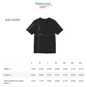 May include: Size chart for t-shirts with measurements in inches for width, length, and sleeve length from center back. Sizes range from S to 4XL.