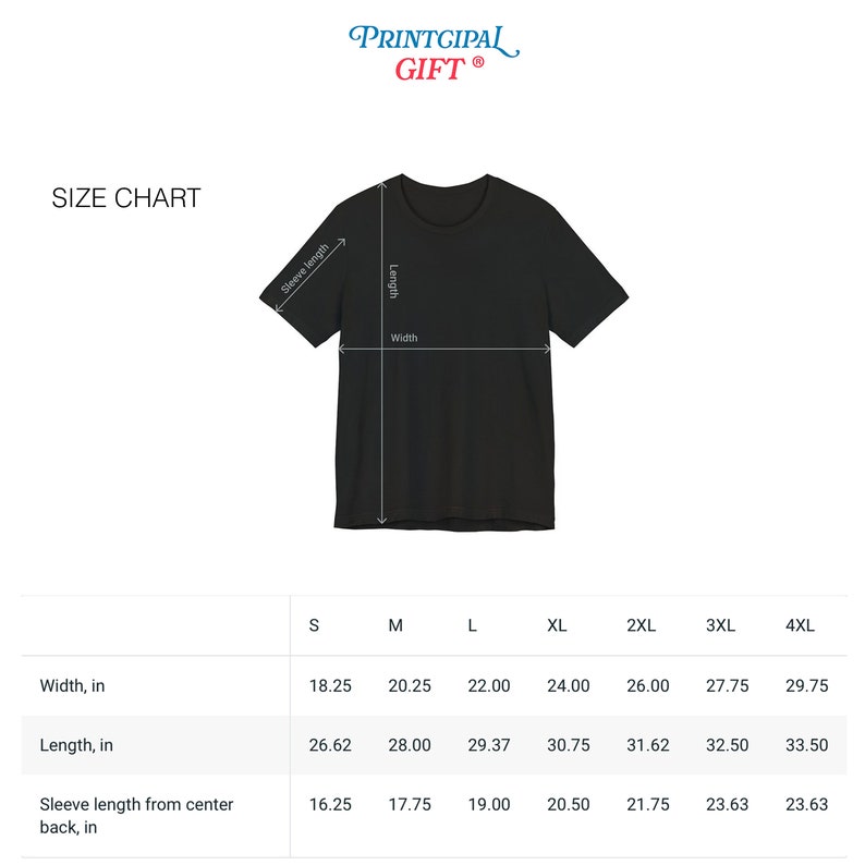May include: Size chart for t-shirts with measurements in inches for width, length, and sleeve length from center back. Sizes range from S to 4XL.