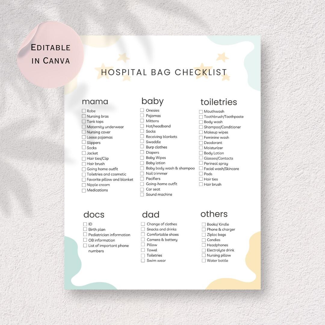 Hospital Packing List Template Editable &amp; Downloadable Checklist - Etsy