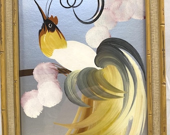 Mid Century Modern Whimsical Bird Painting on Silver Board by M. Davids, Original Faux Bamboo Frame, Hollywood Regency Tropical Decor, 1950s