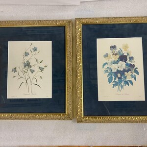 May include: Two rectangular wall frames with ornate gold-toned borders and dark blue matting. The left frame contains a botanical print of blue bell-shaped flowers, while the right frame features a print of multi-colored pansy flowers.