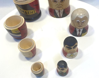 Vintage Russian Nesting Dolls - 5pc Set - Hand Painted Soviet Leaders- Matryoshka  Gorbachev Yeltsin Stalin Lenin