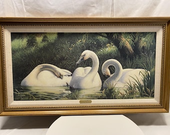 Mark Twain Noe ondertekende wildlife-print "A Quiet Place" – ingelijste gedempte tinten zwaankunst – vintage natuurdecor 33 x 19