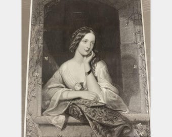 Antique Victorian Steel Engraving Portrait, Romantic Lady at Window (Circa 1830s-1850s)