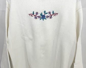 Vintage 1980s Isle of Cotton Sweater | Made in USA | Heavyweight Cotton Turtleneck | Embroidered Floral Knit