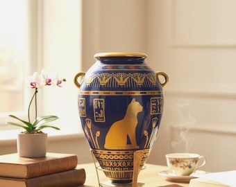 1987 Franklin Mint "The Golden Vase of Bast" - Roushdy Iskander Garas - 24-karaats goud en porselein Egyptische revivalvaas met messing standaard en certificaat van echtheid
