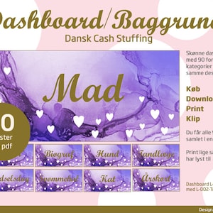 May include: Purple and white abstract background with the word "Mad" in gold lettering.  90 printable dashboard templates for various categories, including "Biography", "Dog", "Dentist", "Birthday", "Swimming", "Cat", and "Anniversary".