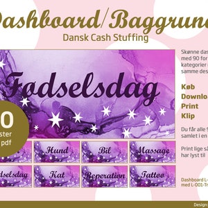 May include: Purple and pink abstract background with white stars. The text "Fødselsdag" is written in a large, cursive font.  There are 90 text boxes in a PDF file.  The text boxes are for different categories, such as "Hund", "Bil", "Massage", "Kat", "Reperation", and "Tattoo".
