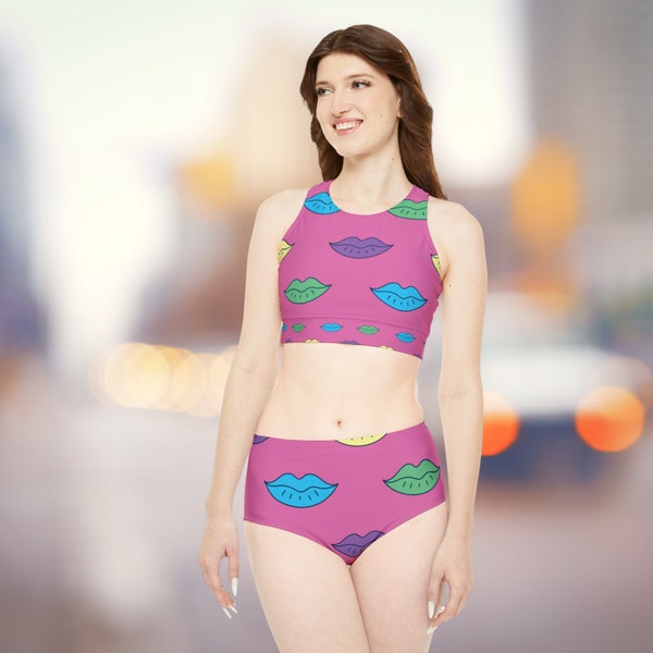 Pink Lips Sporty Bikini Set, High-Waisted Sporty Swimwear, Water Performance Swimsuit, Gift for Swimmers