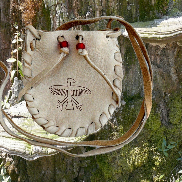 Deer Leather   3-1/2" x 4" Neck Pouch - Thunderbird Brand on Front