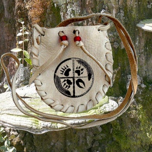 Deer Leather   3-1/2&quot; x 4&quot; Neck Pouch - Medicine Wheel Brand on Front
