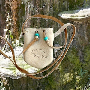 Deer Leather   3&quot; X 3-1/2&quot; Neck Pouch - Bear Brand on Front