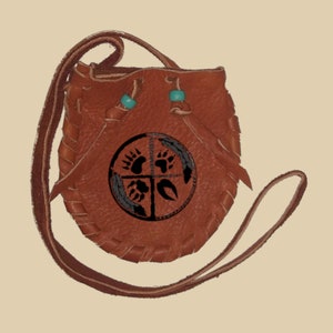 Elk Leather   3-1/2&quot; x 4&quot; Neck Pouch - Medicine Wheel Brand on Front