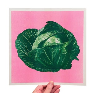 Green Cabbage four-color riso print 11"x11" risograph vegetable home decor