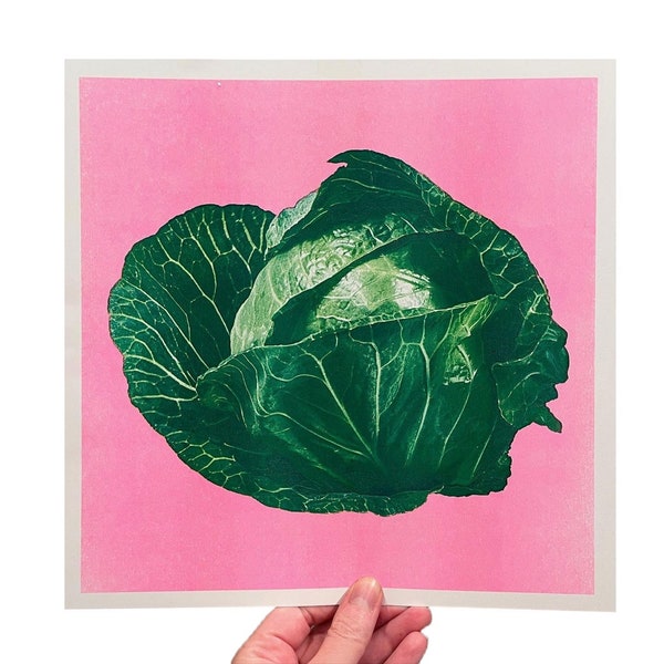 Green Cabbage four-color riso print 11"x11" risograph vegetable home decor