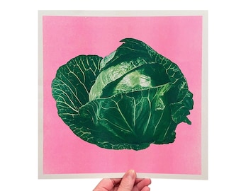 Green Cabbage four-color riso print 11"x11" risograph vegetable home decor