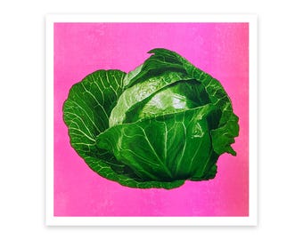 Green Cabbage four-color riso print 11"x11" risograph vegetable home decor