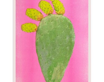 Prickly Pear Cactus four-color riso print 11"x14" risograph plant desert home decor fruit