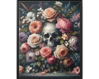 May include: A human skull surrounded by a bouquet of pink, white, and purple flowers. The skull is white with black eye sockets and a detailed jawline. The flowers are arranged in a circular pattern around the skull, creating a dramatic and beautiful composition.