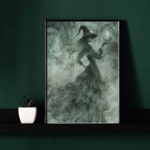 May include: A black and white illustration of a witch in a long flowing dress and a pointed hat, holding a glowing orb in her hand. The background is a swirling mist.