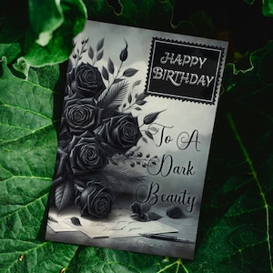 Gothic Greeting Card Digital Print - Dark Romance Black Roses and foliage - Whimsigoth Inspired - Dark Beauty - Vintage Victorian Style