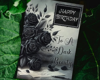 Gothic Greeting Card Digital Print - Dark Romance Black Roses and foliage - Whimsigoth Inspired - Dark Beauty - Vintage Victorian Style