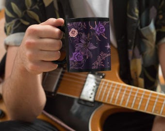 Moonlit Blooms - 11oz Black Mug - Purple on a black background, Gothic Ceramic Mug, Witchy Mug, Dark Aesthetic Mug, Gothic Tea Cup