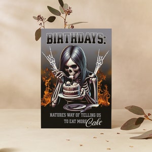 Gothic Birthday Girl Printable Greeting Card - Whimsigoth Digital Art with Skeleton Hands - Gothic Birthday Card - Eat More Cake!