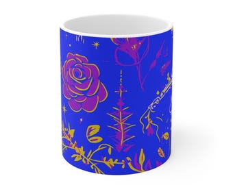 Neon Witchcraft - 11oz White Mug - Witchy Symbols on blue background, Gothic Ceramic Mug, Witchy Mug, Dark Aesthetic Mug, Gothic Tea Cup