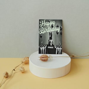 Gothic Printable Birthday Card - Digital Greeting Card - Whimsigoth Halloween Inspired - Black and White Birthday - Cake Table and Balloons