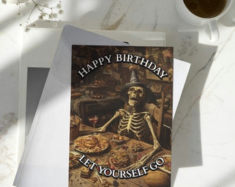 Whimsigoth Gothic Birthday Card - Skeleton with Witches Party Hat - Digital Print - Instant Download - Skeleton Party - Party Animal