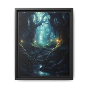 Blue Stairway - Framed Matte Canvas Art Print, Mystical Nature Scene, Gothic Home Décor, Fantasy Wall Art, Ready to Hang