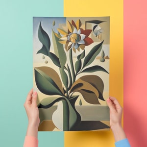 May include: A stylized painting of a flower with yellow, red, and blue petals. The flower is in a vase with a green stem and leaves. The background is a light brown color.