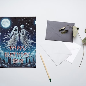 Gothic Greeting Card - Spooky Skeleton Lovebirds - Printable Download - Happy Birthday Boo - Perfect for a Loved One - Alternative Birthday