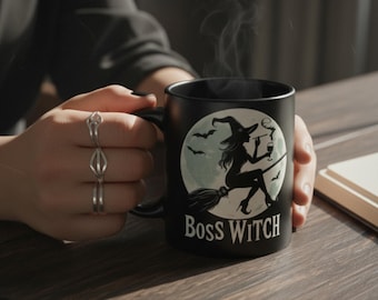 Boss Witch - 11oz Black Mug - Gothic Aesthetic Ceramic Mug, Witchy Mug, Dark Aesthetic Mug, Gothic Tea Cup, Gothic Home Décor, Halloween cup