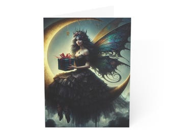 Könnte beinhalten: Eine dunkelhaarige Fee mit schillernden Flügeln sitzt auf einem Halbmond und hält ein verpacktes Geschenk. Sie trägt ein schwarzes Kleid mit einem Rüschenrock und eine Krone.